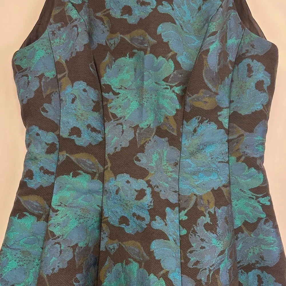 Maggy London Teal Black Jacquard A-Line Cocktail Dress Embellished Neck 8